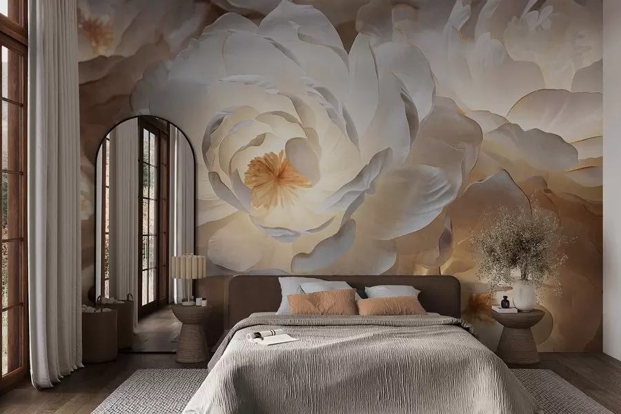 wall murals Large, white fantasy peony flowers with yellow centers, soft lighting, and delicate, textured layered petals w09550