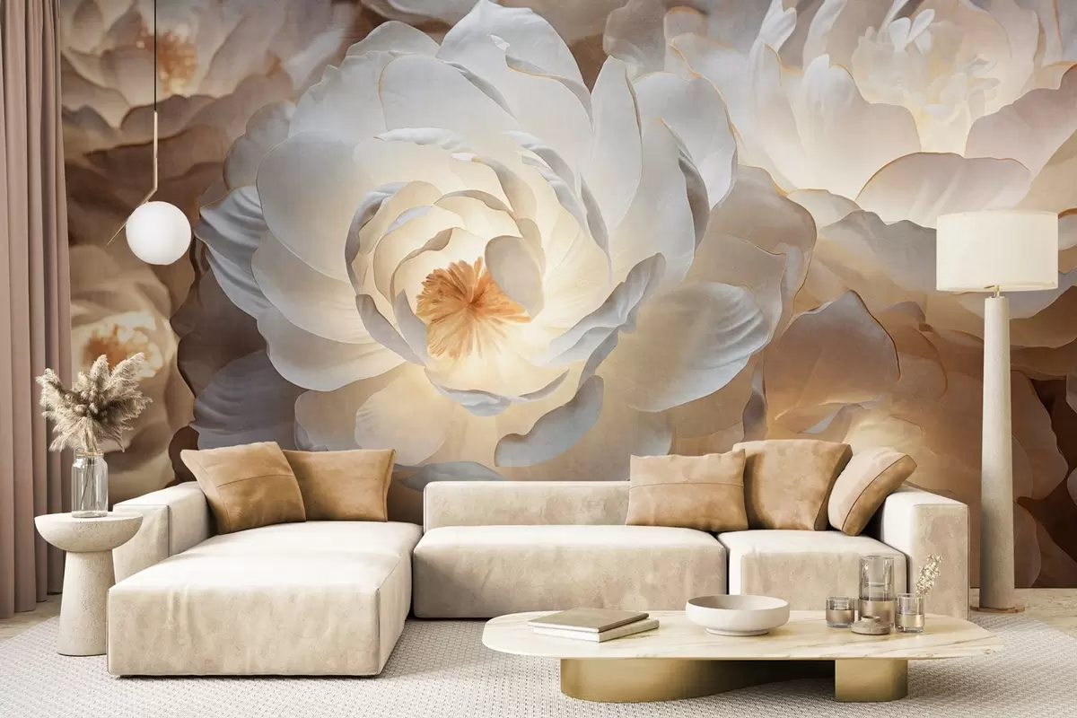 wall murals Large, white fantasy peony flowers with yellow centers, soft lighting, and delicate, textured layered petals w09550