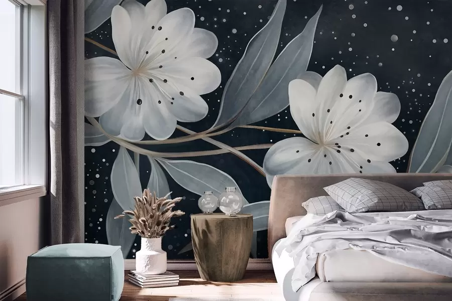 wall murals Fantasy textured white flowers, surrounded by blue-green leaves and branches against a dark background w09551