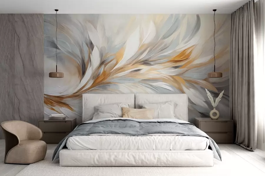 wall murals Abstract painting style with white, yellow and gray textured brushstrokes with a soft, light background w09552