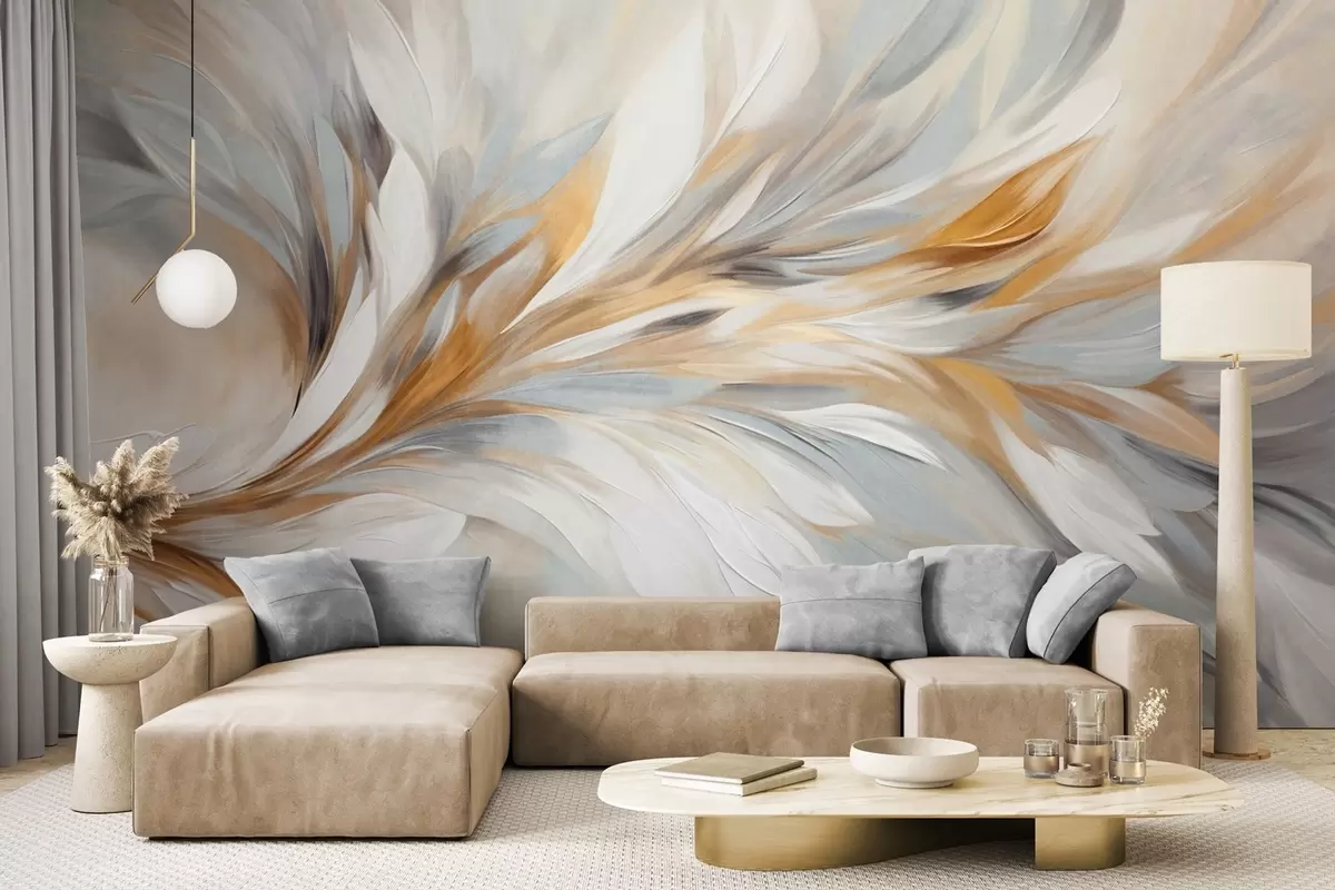 wall murals Abstract painting style with white, yellow and gray textured brushstrokes with a soft, light background w09552