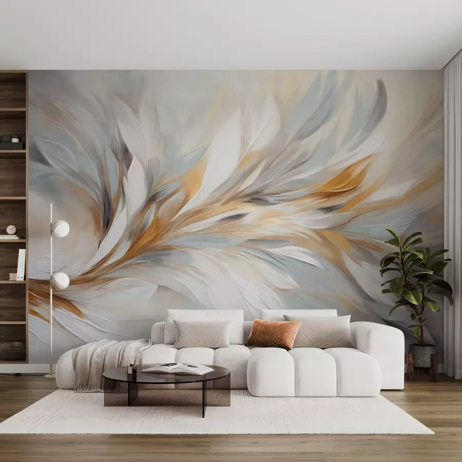 wall murals Abstract painting style with white, yellow and gray textured brushstrokes with a soft, light background w09552