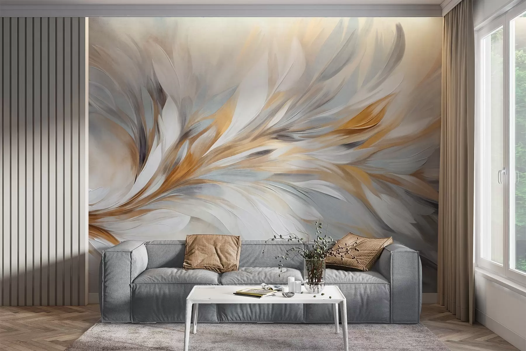 wall murals Abstract painting style with white, yellow and gray textured brushstrokes with a soft, light background w09552