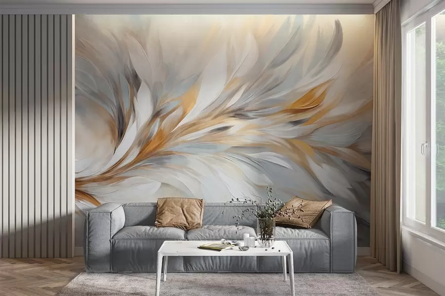 wall murals Abstract painting style with white, yellow and gray textured brushstrokes with a soft, light background w09552