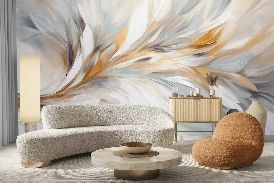 wall murals Abstract painting style with white, yellow and gray textured brushstrokes with a soft, light background w09552