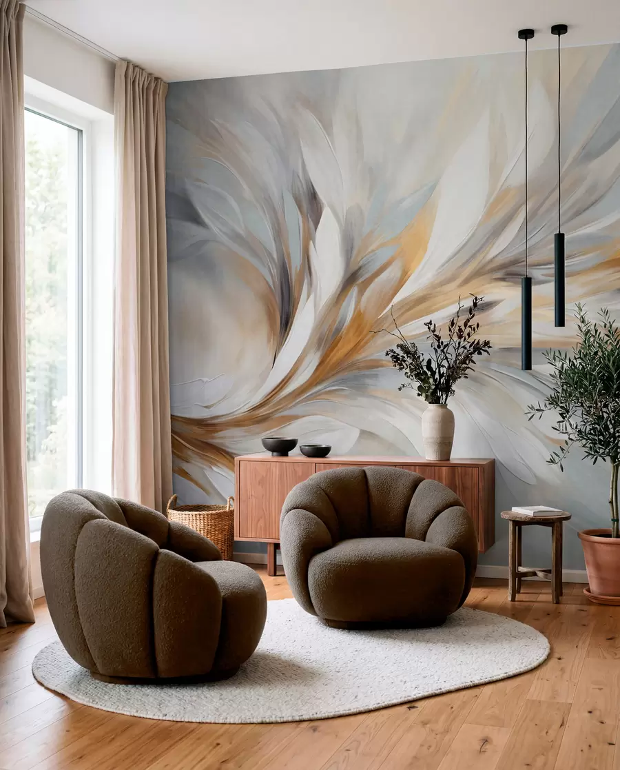 wall murals Abstract painting style with white, yellow and gray textured brushstrokes with a soft, light background w09552