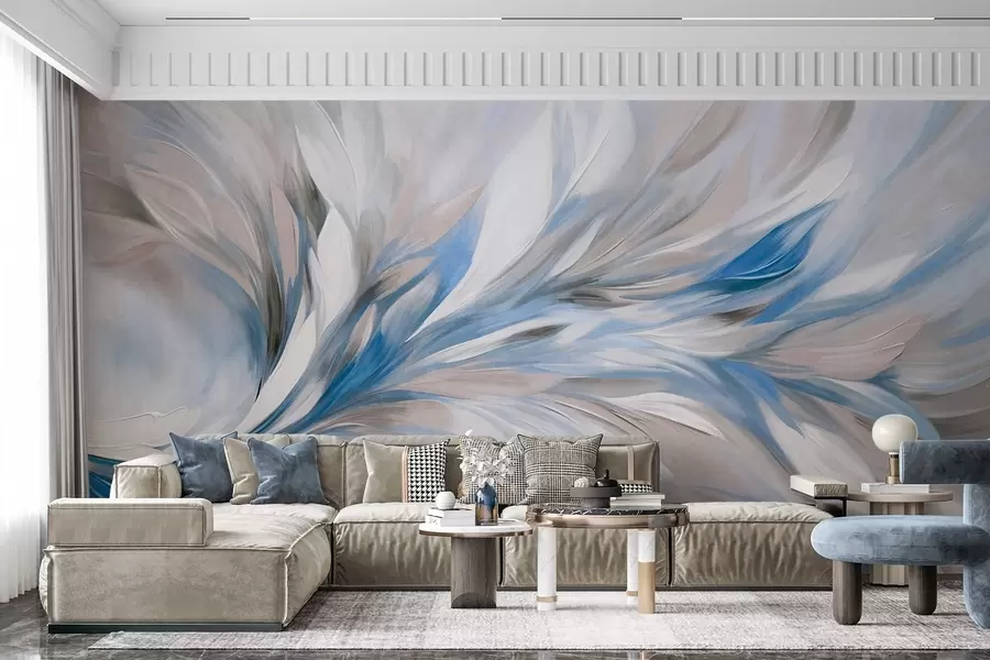 wall murals Abstract painting style with white, blue and gray textured brushstrokes with a soft, light background w09552v1