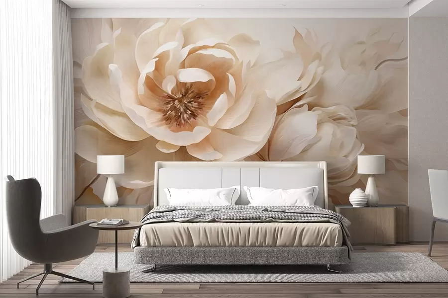 wall murals Creamy textured peonies with brown centers and leaves on a blurred light abstract background w09554