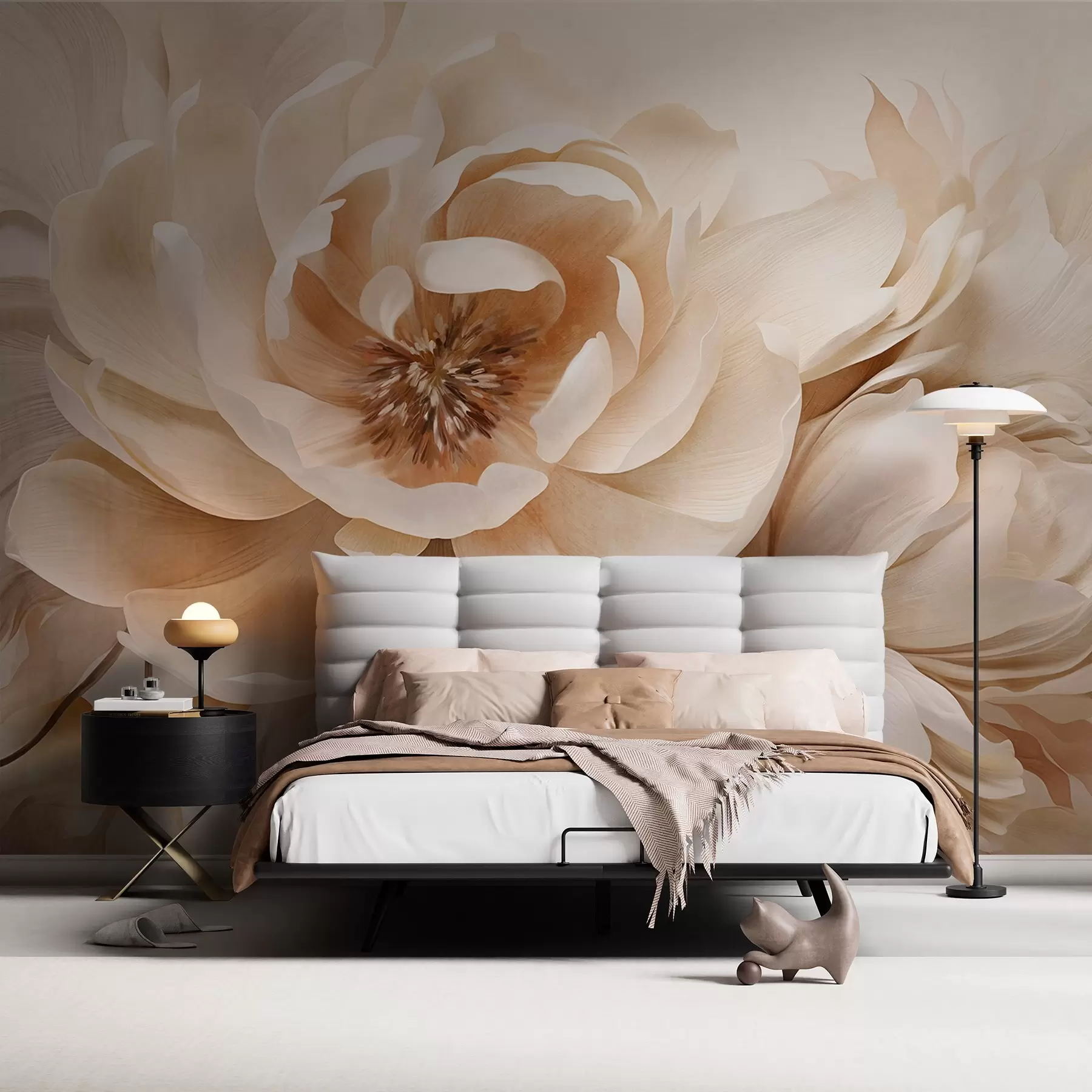 wall murals Creamy textured peonies with brown centers and leaves on a blurred light abstract background w09554