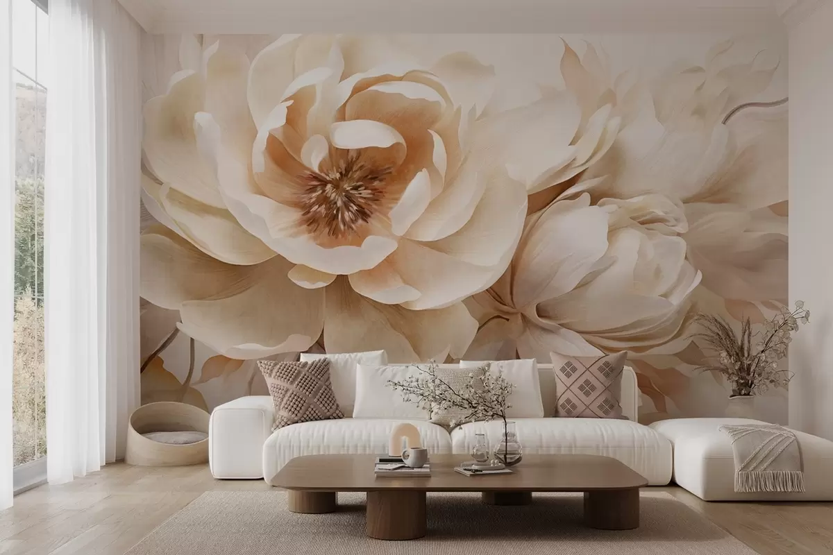 wall murals Creamy textured peonies with brown centers and leaves on a blurred light abstract background w09554