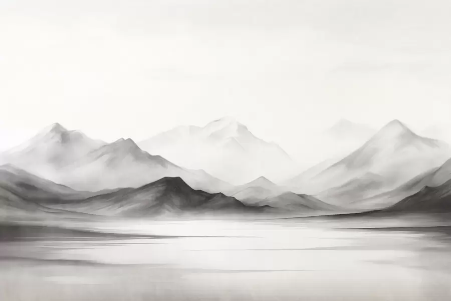 wall murals A monochromatic textured landscape with misty mountains and a lake in the foreground w09555
