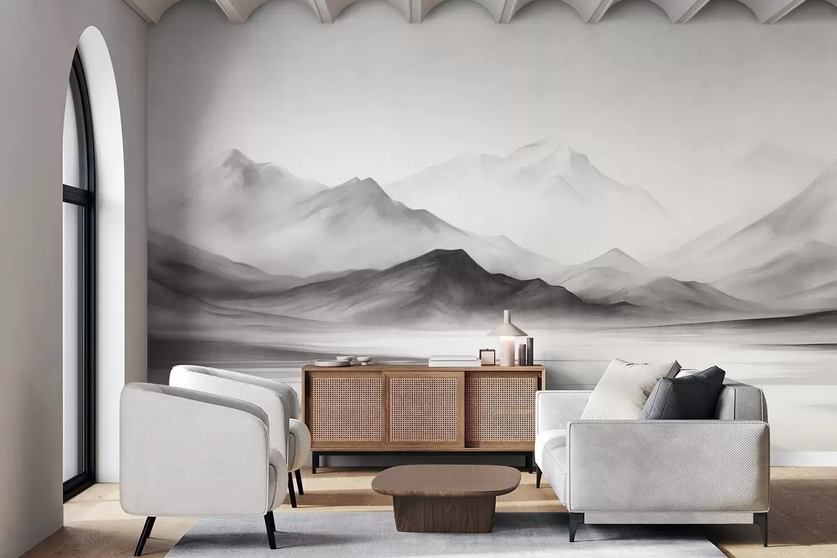 wall murals A monochromatic textured landscape with misty mountains and a lake in the foreground w09555