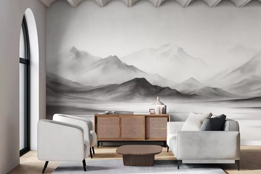 wall murals A monochromatic textured landscape with misty mountains and a lake in the foreground w09555