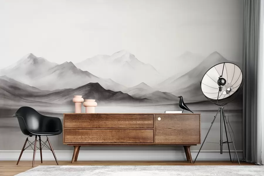 wall murals A monochromatic textured landscape with misty mountains and a lake in the foreground w09555