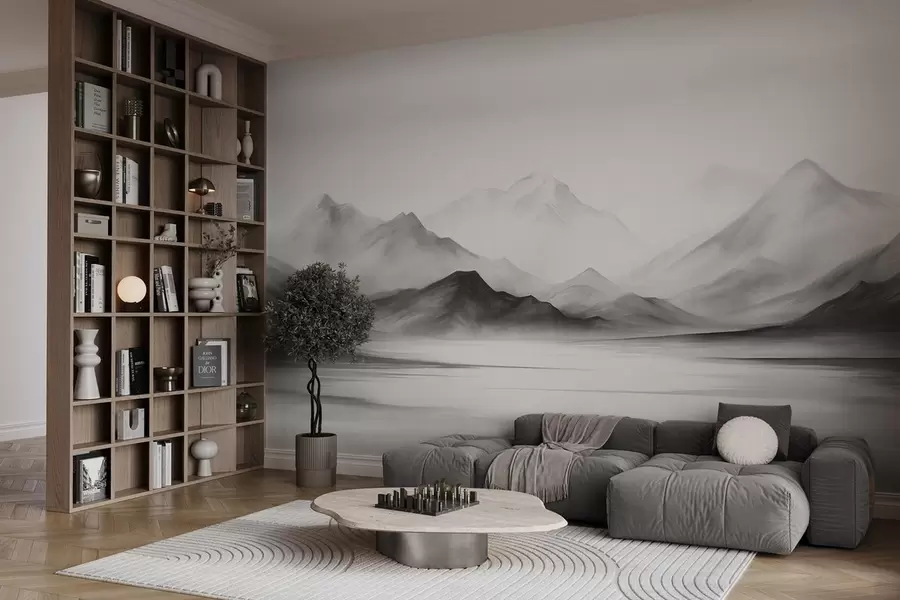 wall murals A monochromatic textured landscape with misty mountains and a lake in the foreground w09555