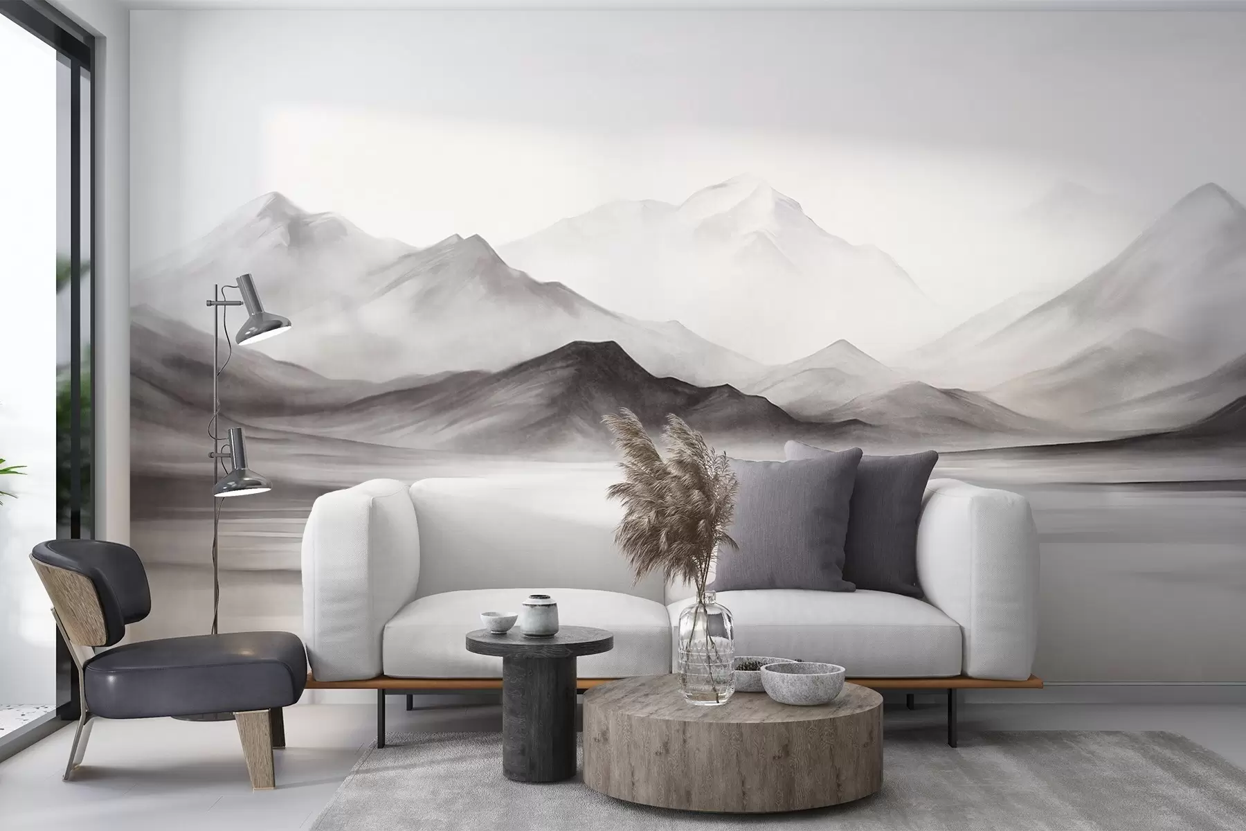 wall murals A monochromatic textured landscape with misty mountains and a lake in the foreground w09555
