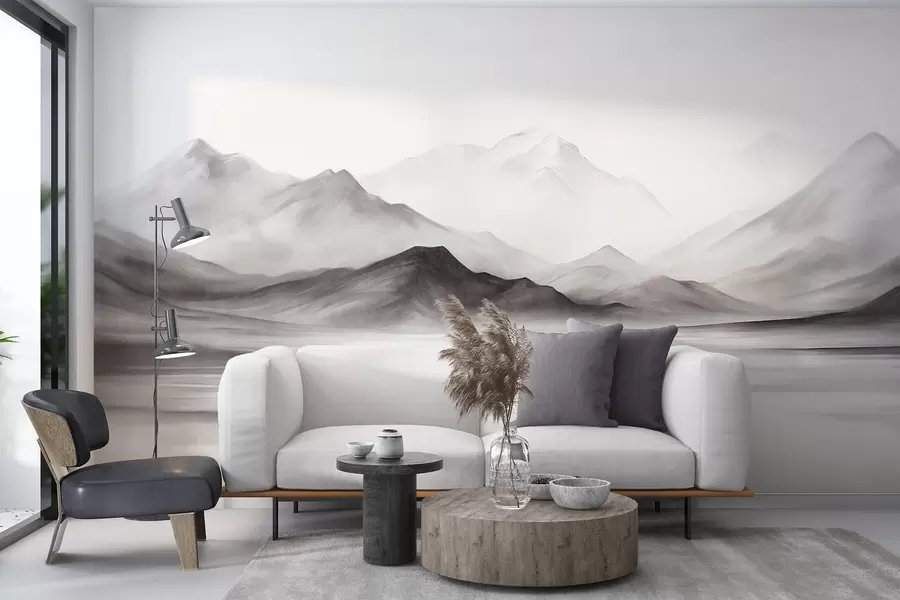 wall murals A monochromatic textured landscape with misty mountains and a lake in the foreground w09555