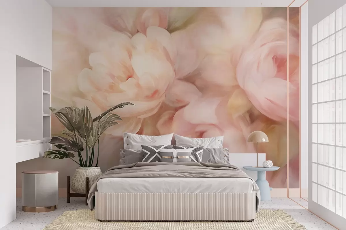 wall murals Blured pale pink and cream peonies with soft, painterly brushstrokes imitation, creating a textured floral arrangement w09556