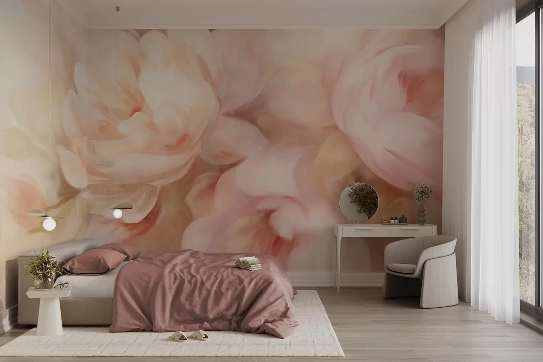 wall murals Blured pale pink and cream peonies with soft, painterly brushstrokes imitation, creating a textured floral arrangement w09556