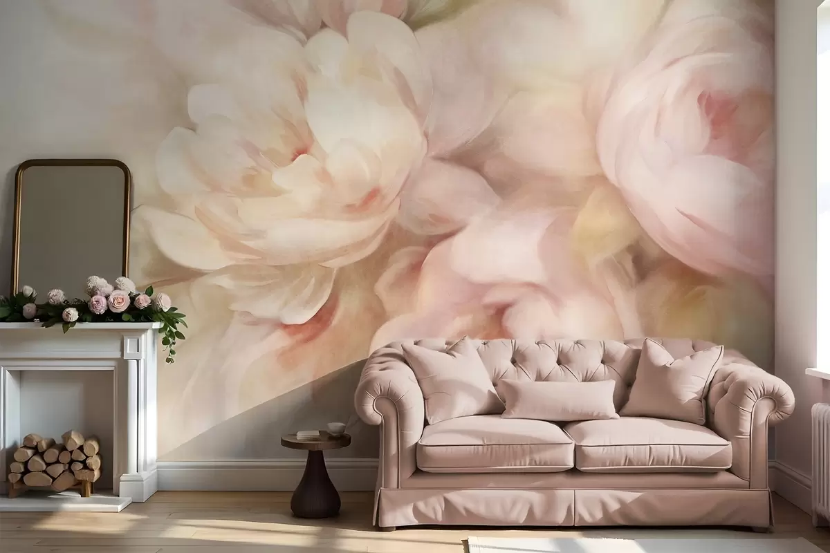 wall murals Blured pale pink and cream peonies with soft, painterly brushstrokes imitation, creating a textured floral arrangement w09556