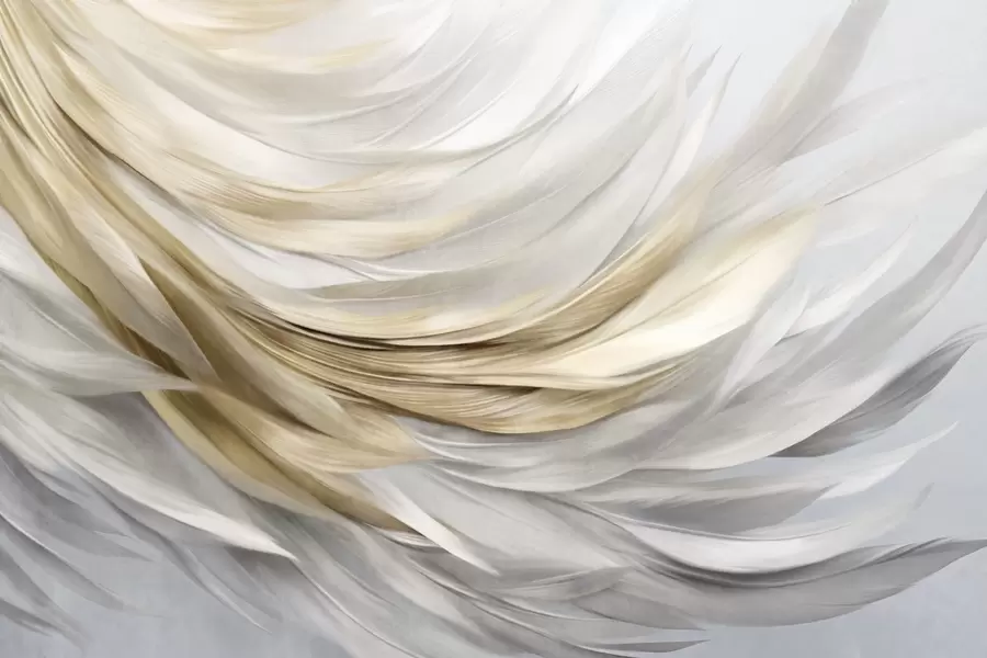 wall murals Abstract textured white, gray and yellow feathers, creating a flowing, layered pattern against a light background w09557