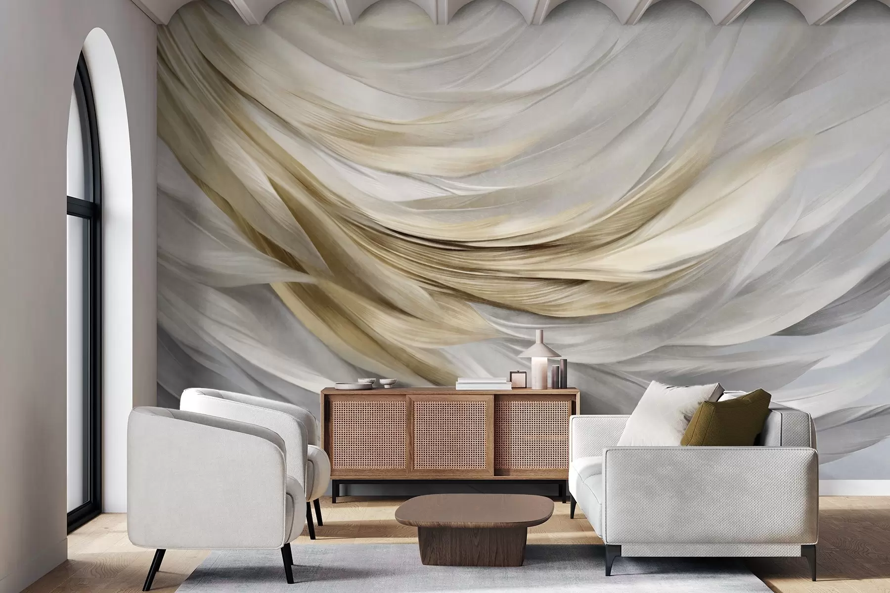 wall murals Abstract textured white, gray and yellow feathers, creating a flowing, layered pattern against a light background w09557
