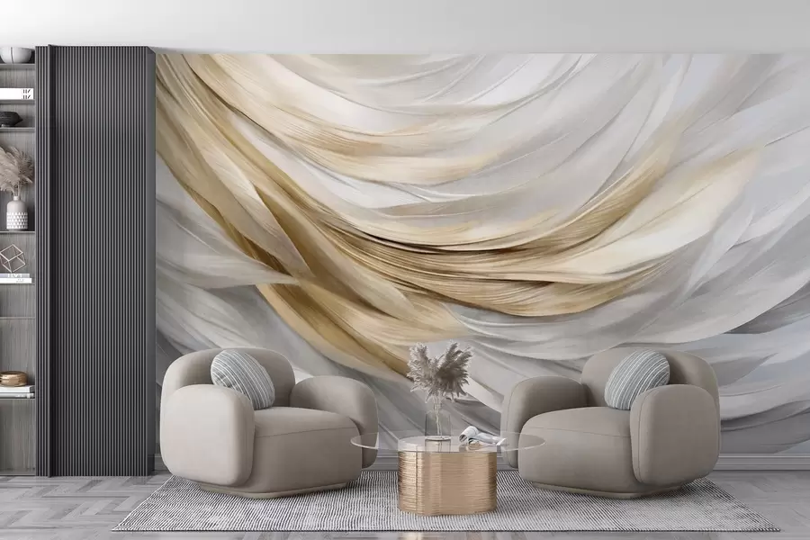 wall murals Abstract textured white, gray and yellow feathers, creating a flowing, layered pattern against a light background w09557
