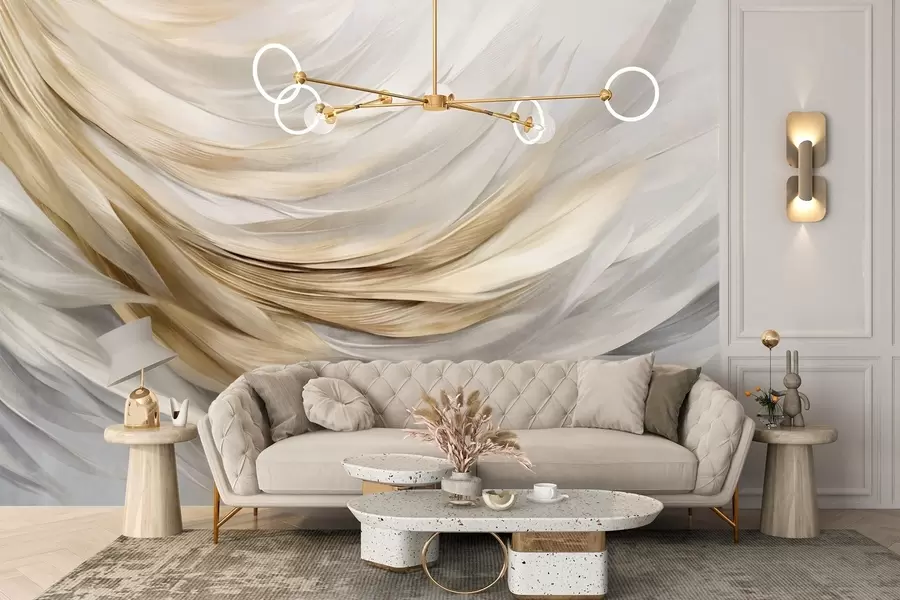 wall murals Abstract textured white, gray and yellow feathers, creating a flowing, layered pattern against a light background w09557