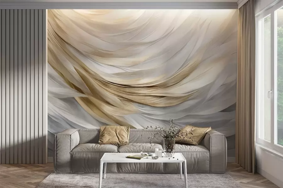 wall murals Abstract textured white, gray and yellow feathers, creating a flowing, layered pattern against a light background w09557