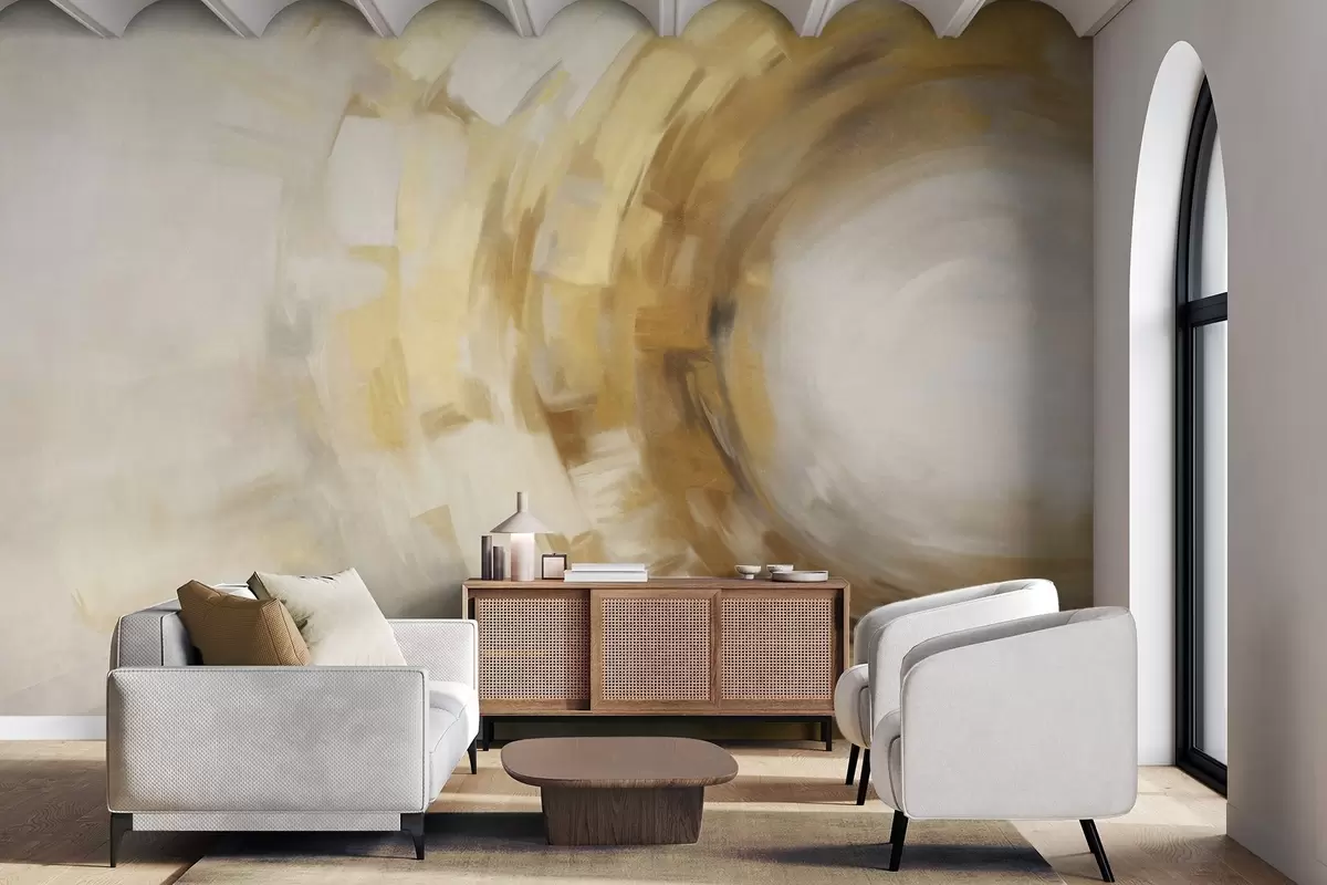 wall murals Abstract painting imitation with circular textured brushstrokes in yellow and white, creating a sense of movement w09558