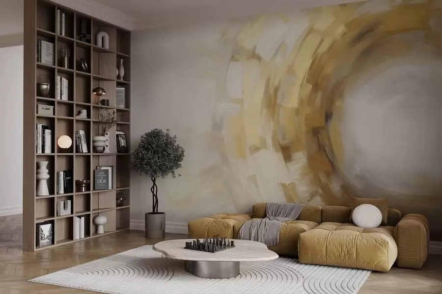 wall murals Abstract painting imitation with circular textured brushstrokes in yellow and white, creating a sense of movement w09558