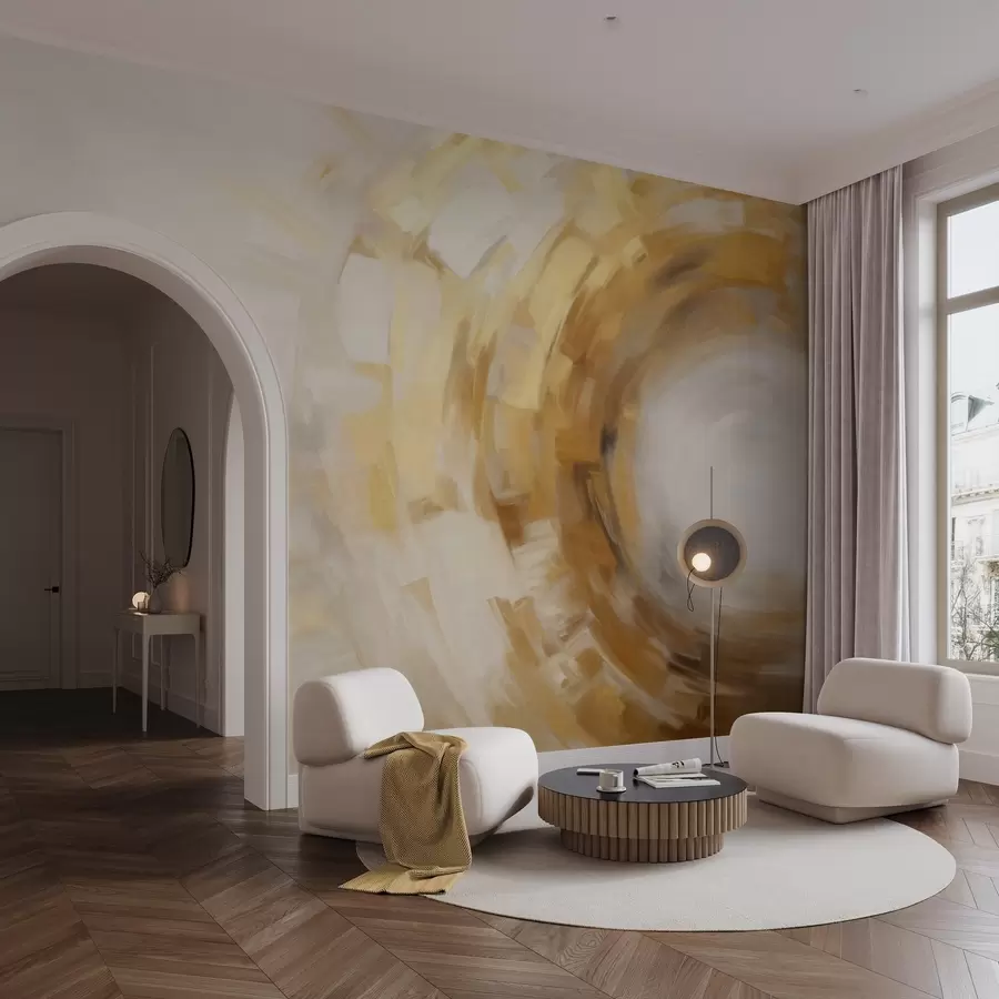 wall murals Abstract painting imitation with circular textured brushstrokes in yellow and white, creating a sense of movement w09558
