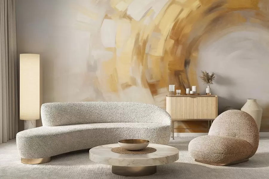 wall murals Abstract painting imitation with circular textured brushstrokes in yellow and white, creating a sense of movement w09558