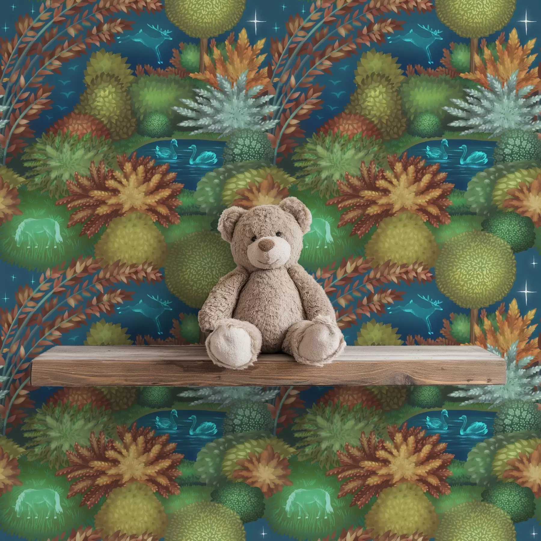 wall murals Fairytale night garden with a lake and glowing animals a00851