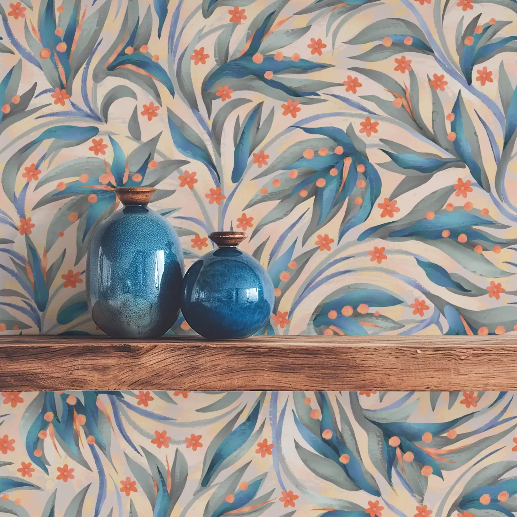 wall murals Abstract blue foliage with coral flowers a00852