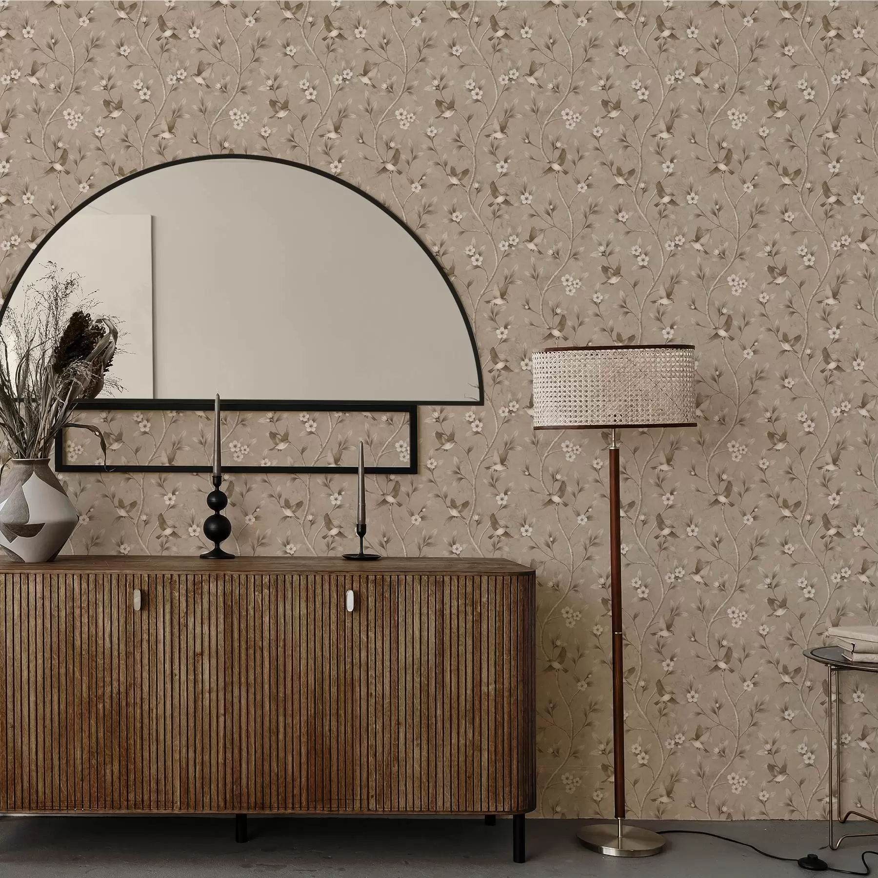 wall murals Birds and blooming branches in warm sepia tones a00882