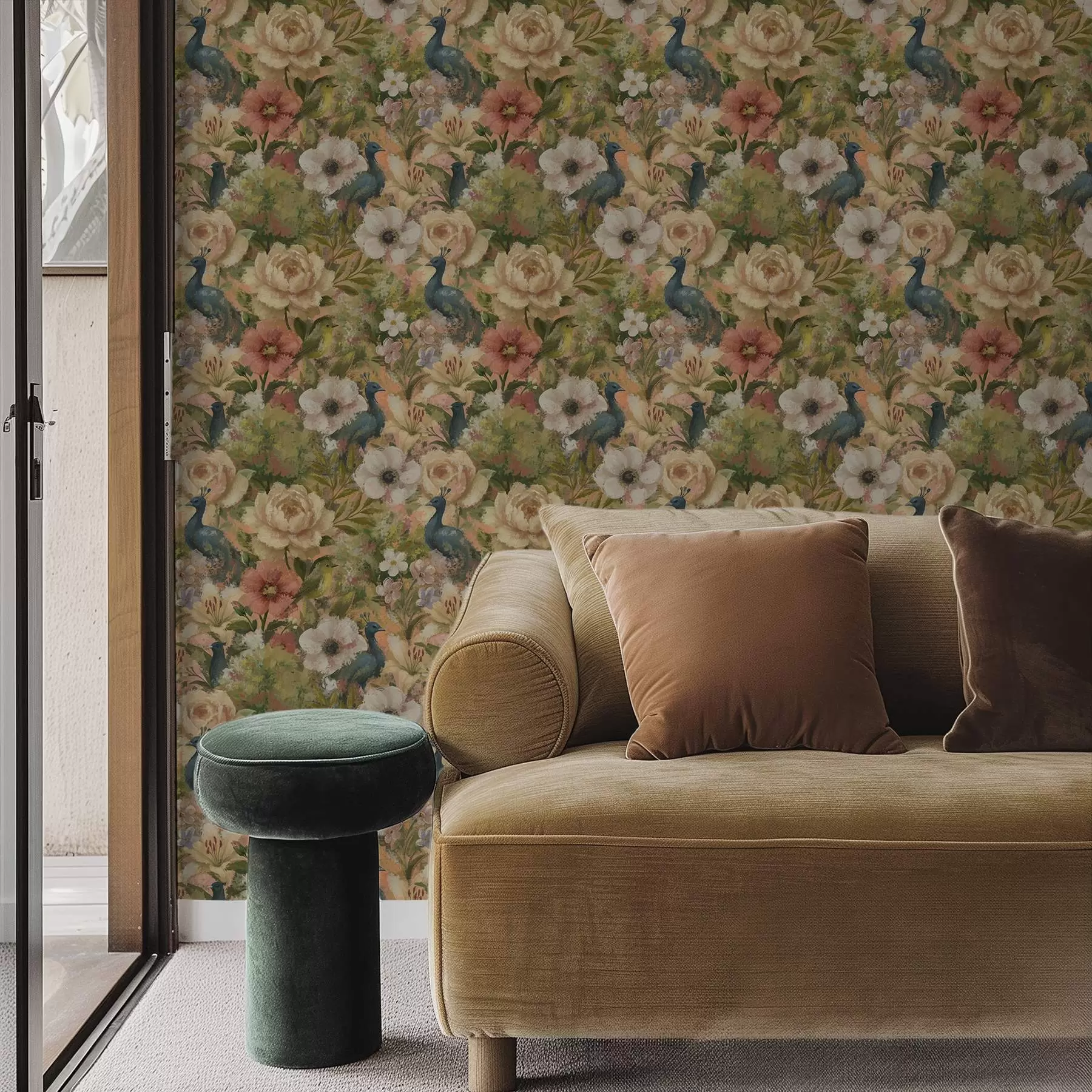 wall murals Painterly garden with peacocks and large flowers a00885