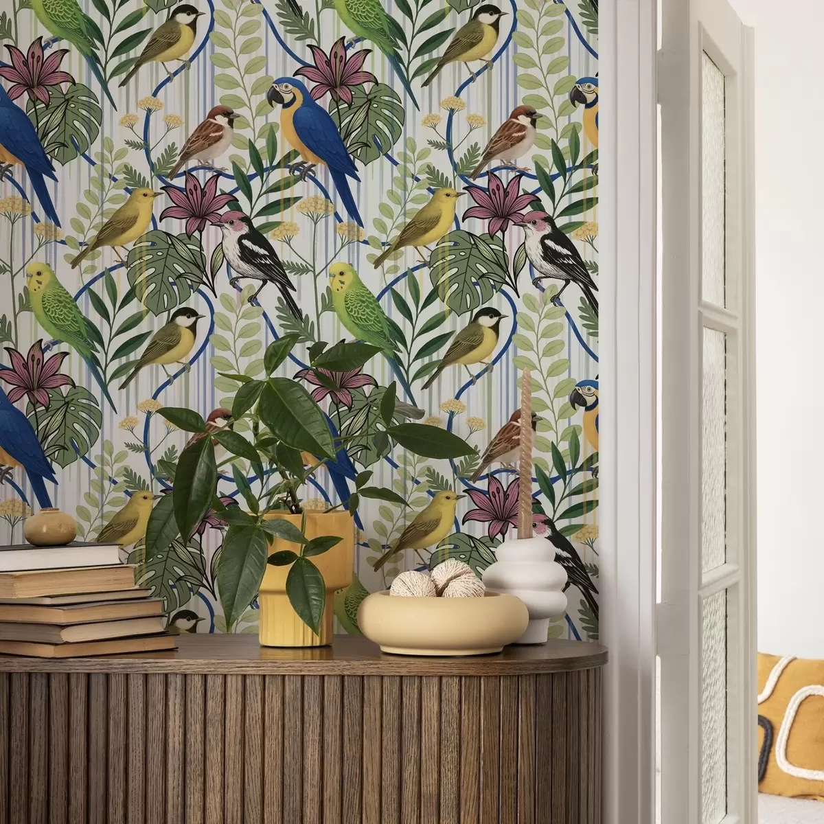 Wallpaper Bright exotic birds among tropical greenery a00887