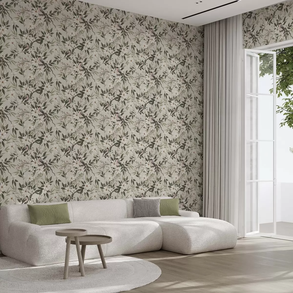 Wallpaper Bullfinches with white chests on branches with cream flowers a00889