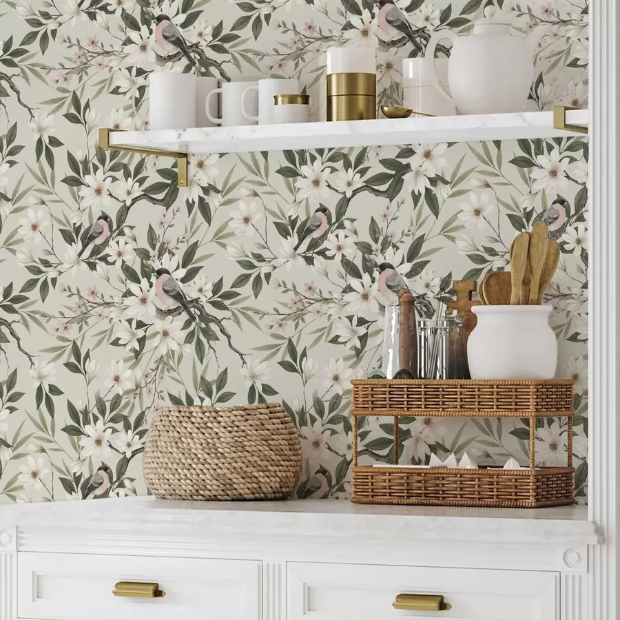 wall murals Bullfinches with white chests on branches with cream flowers a00889