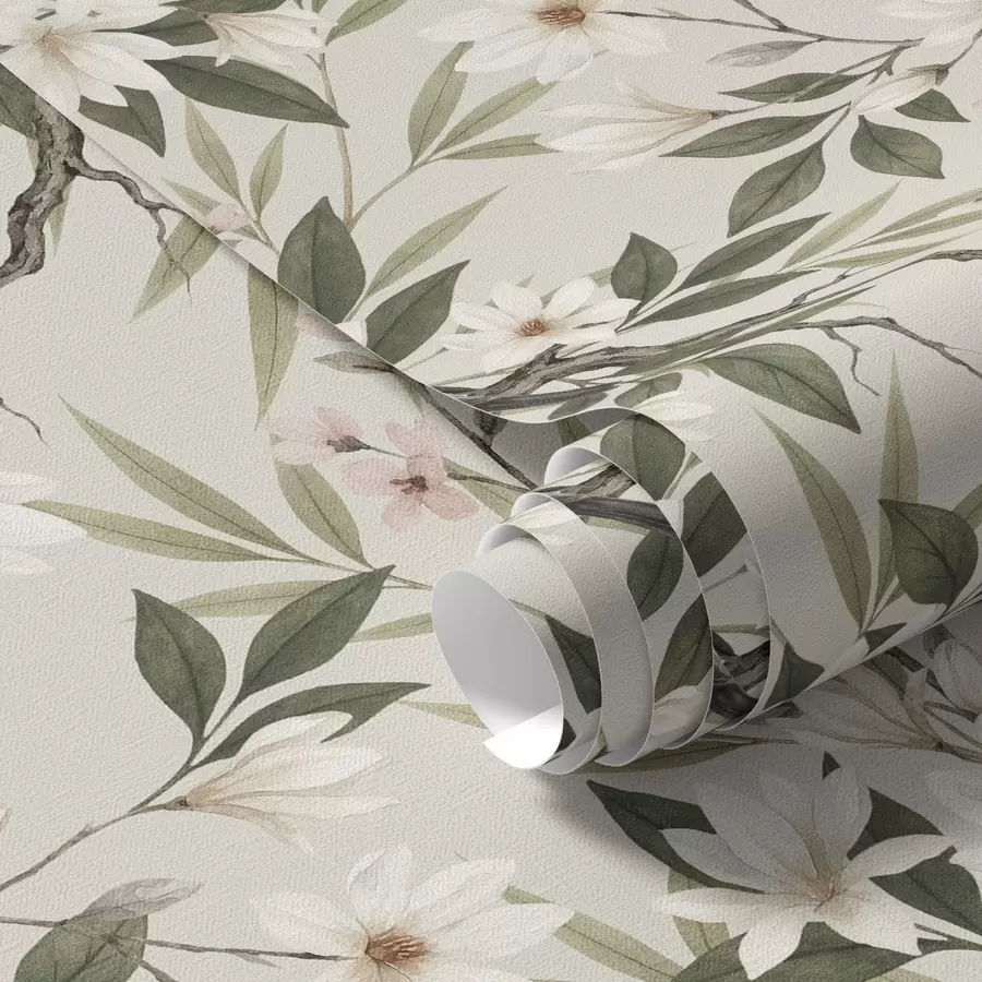 wall murals Bullfinches with white chests on branches with cream flowers a00889