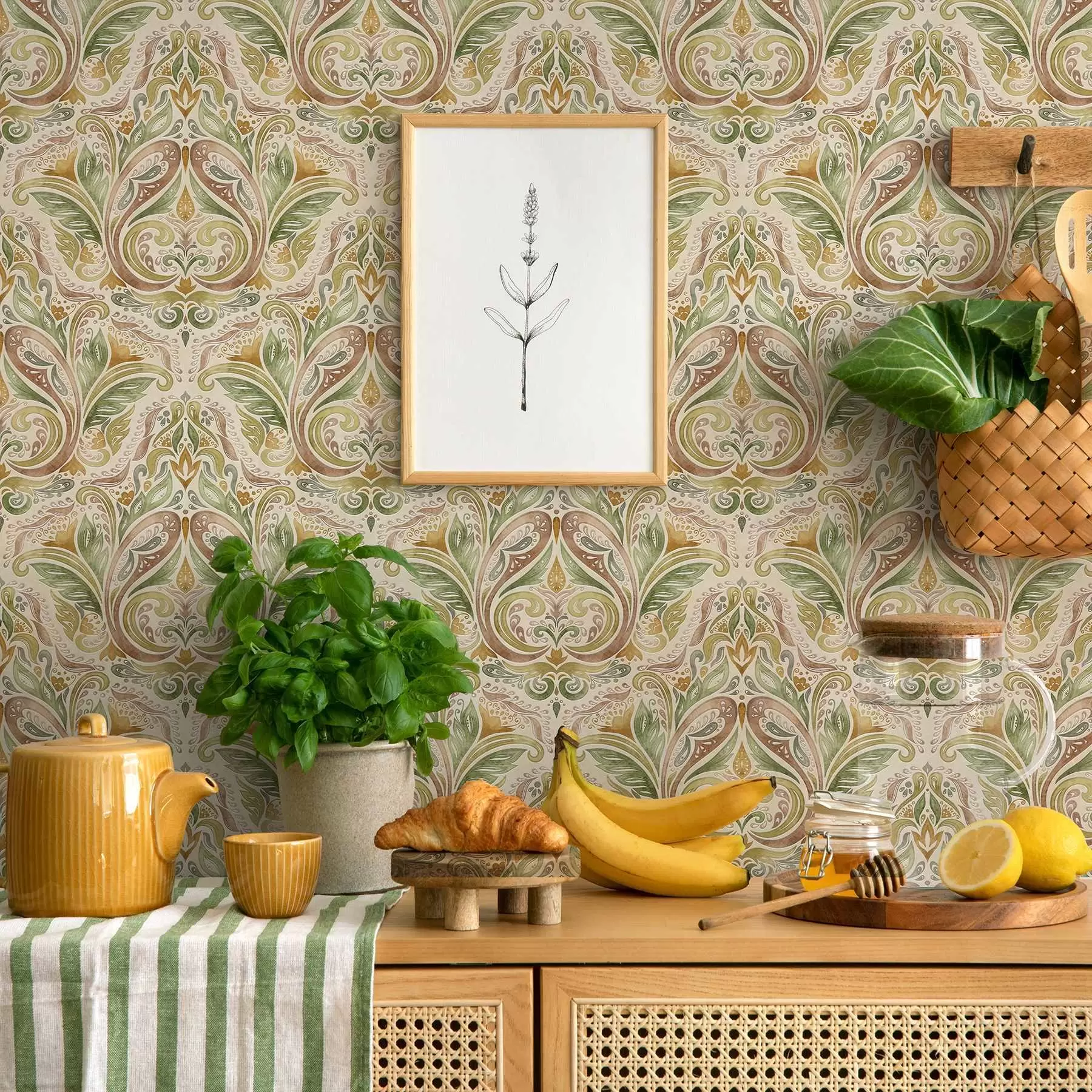 wall murals Watercolour leafy swirls in green and warm ochre tones a00927