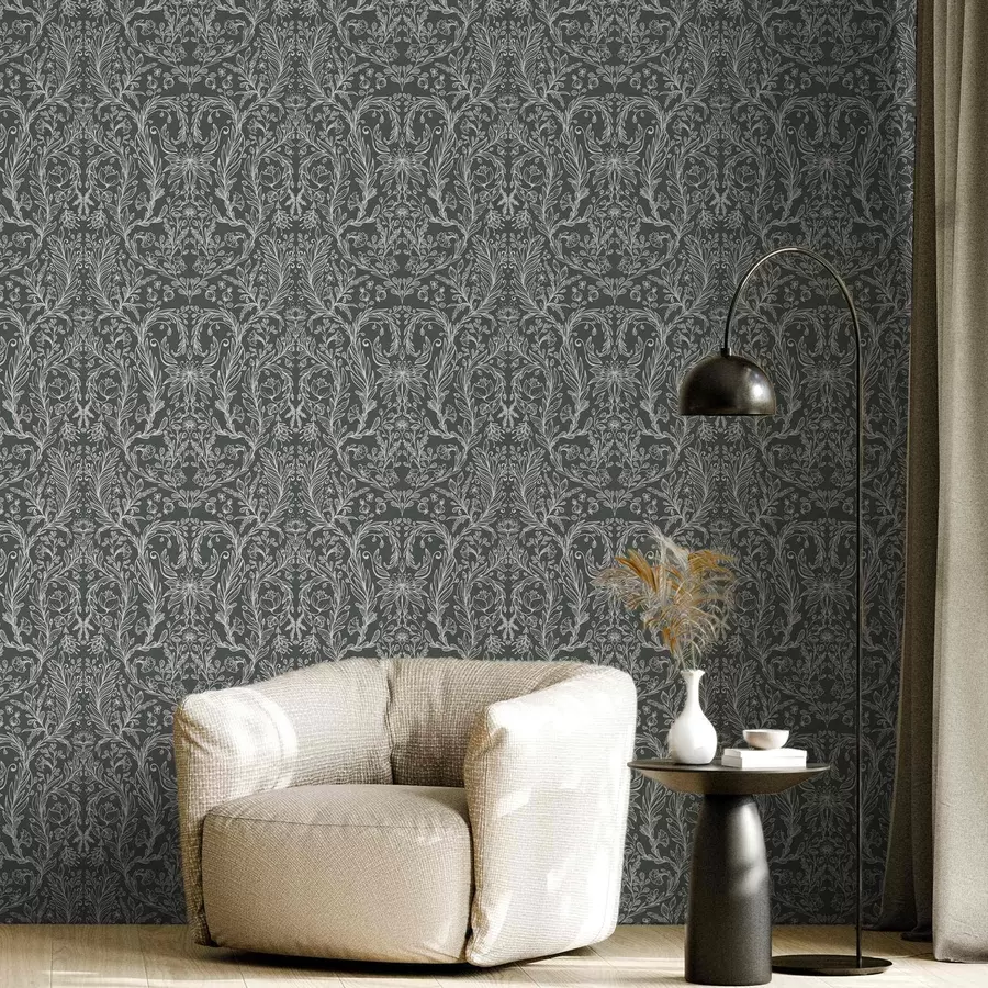 wall murals Linear floral pattern on a dark green background a00929
