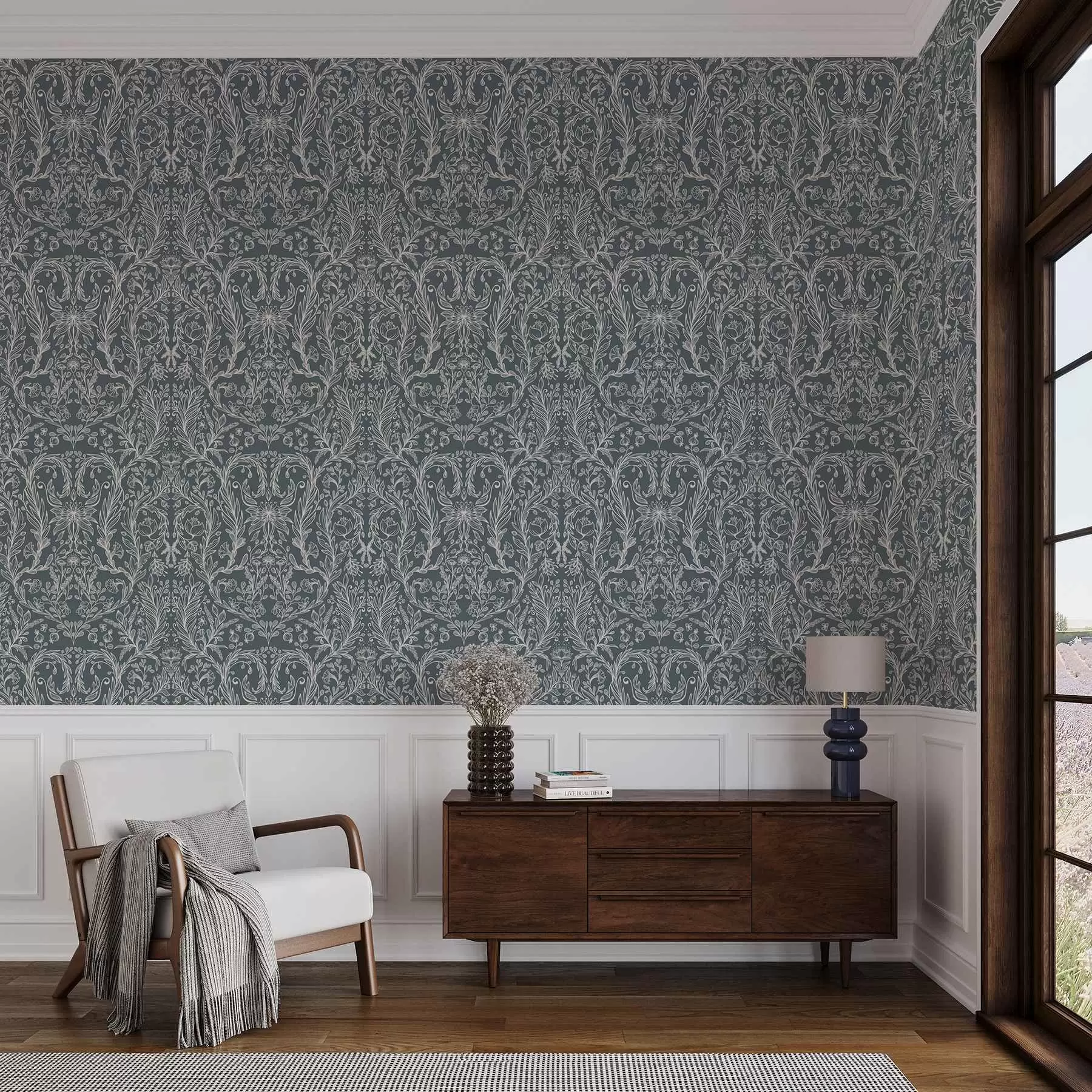 wall murals Linear floral ornament on a bluish-grey background a00929v1