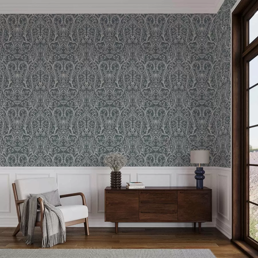 wall murals Linear floral ornament on a bluish-grey background a00929v1