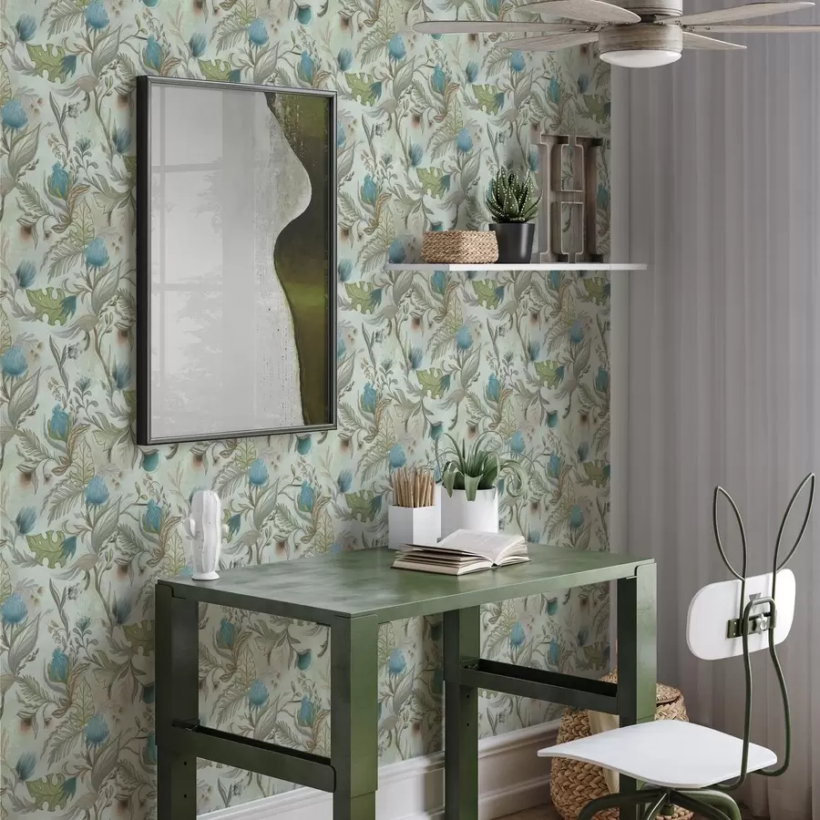 wall murals Blue flowers and greenery on a soft mint background a00930v1