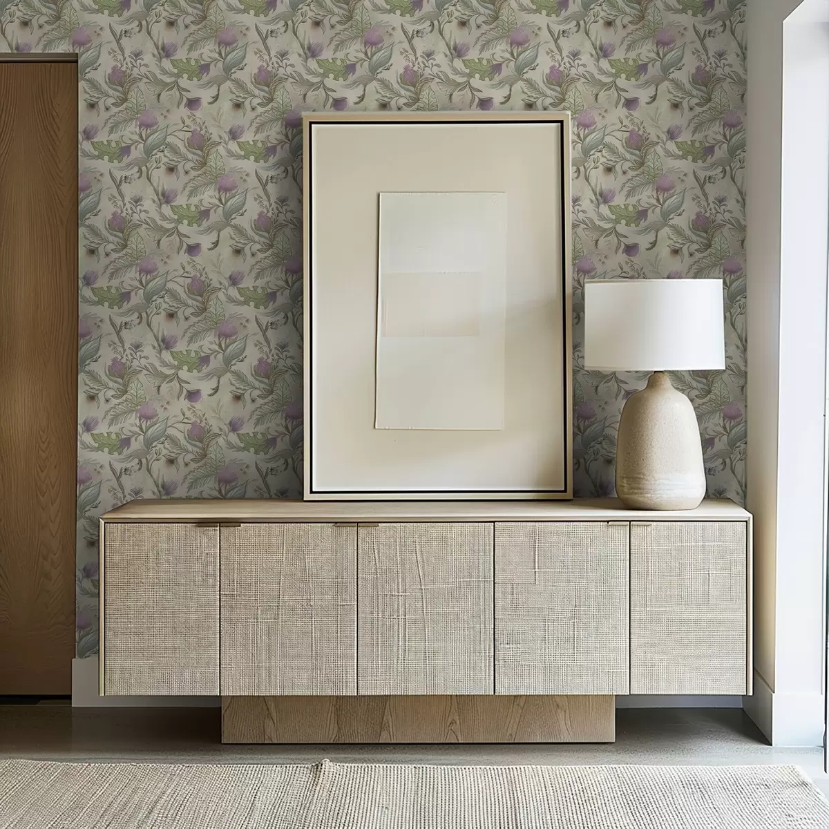 Wallpaper Lilac buds and soft greenery on a cream background a00930v2