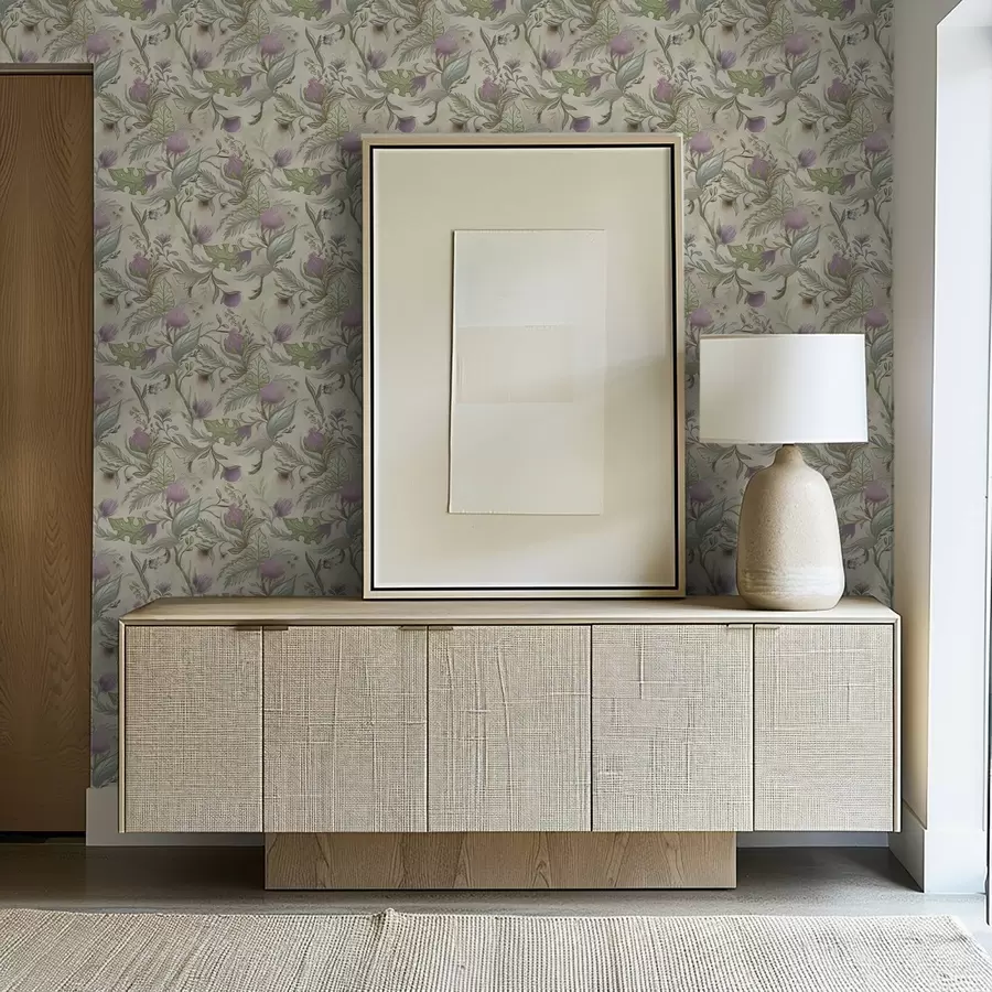 wall murals Lilac buds and soft greenery on a cream background a00930v2