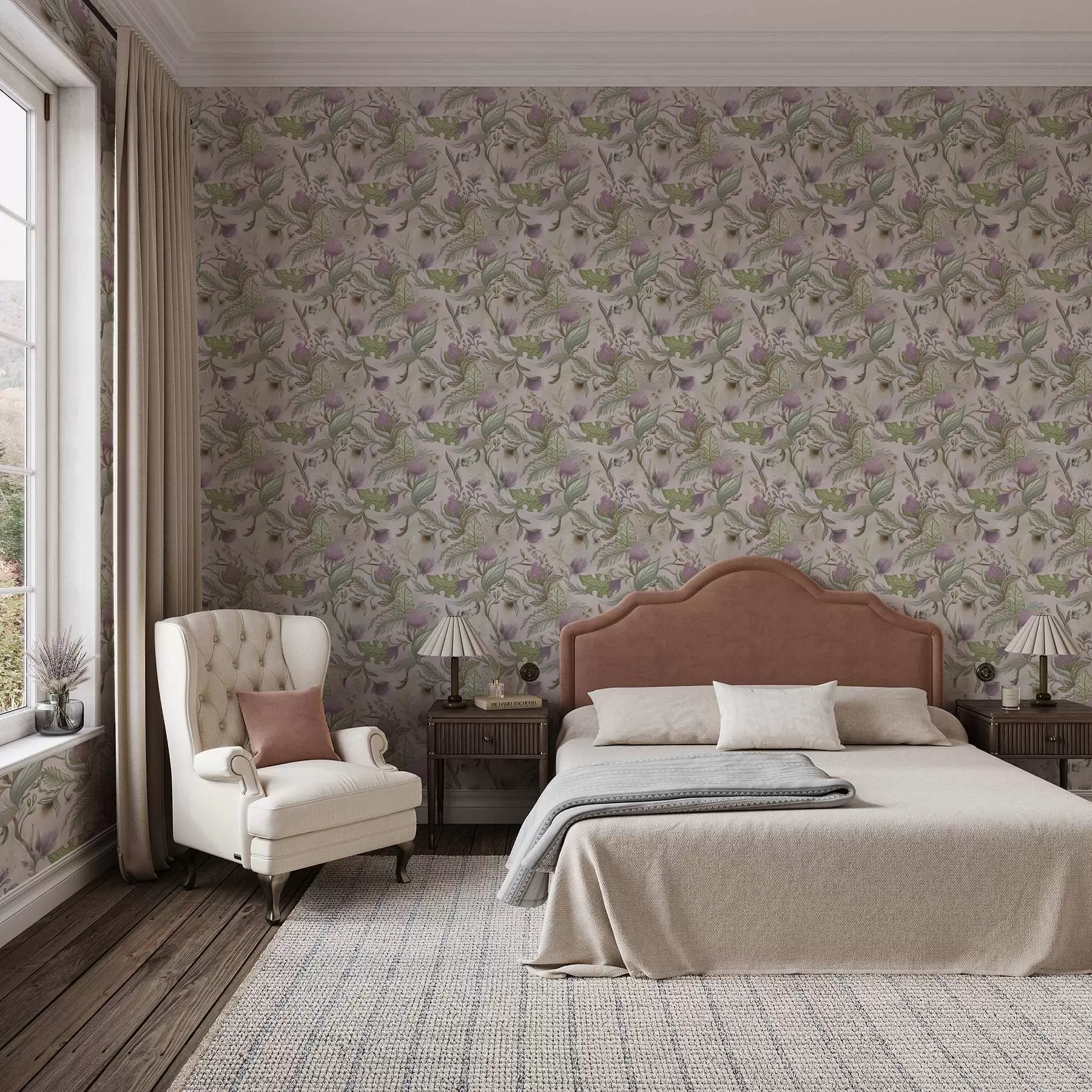 wall murals Lilac wildflowers and leaves on a powdery background a00930v3