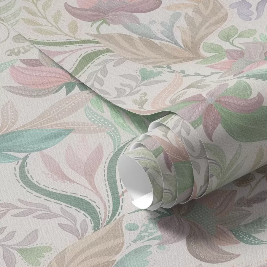 wall murals Delicate pastel flowers and leaves on a light background a00931